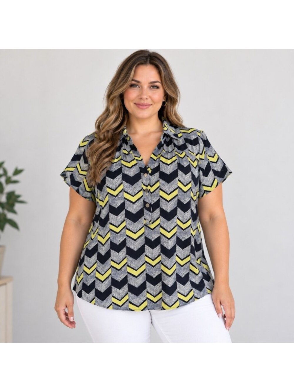 Alfani Woman 0X Blue Neon Yellow Henley Short Sleeve Chevron V Neck Blouse NWT - Picture 1 of 8